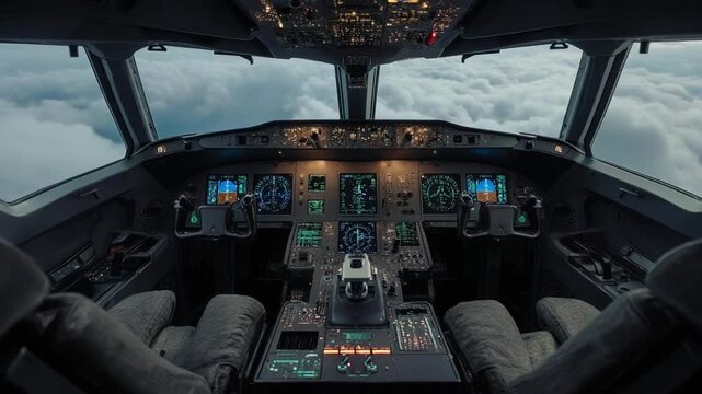 A modern airliner cockpit flies above thick clouds, empty seats facing bright flight displays and lit overhead panels, with throttles, yokes, and radios poised as instruments quietly track the route.