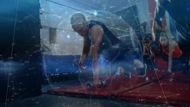 After holding plank on red mats in gym, partners performing alternating rows with metrics overlay