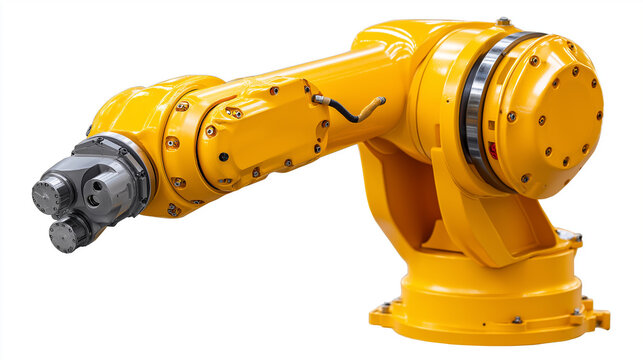 Yellow industrial robotic arm with gripper, transparent background cutout, automation equipment, manufacturing robot, mechanical system, isolated machinery, with copy space