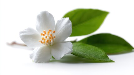Obraz premium Isolated jasmine blossom with green leaves on a clean white background