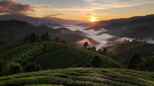 Sunrise Over Tea Plantation - A scenic sunrise view over a lush green tea plantation in a mountainous region. The landscape is covered in rolling hills and a layer of low-lying fog.