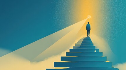 Journey to Excellence: A luminous stairway and a solitary figure in a calm, modern setting