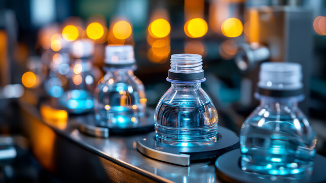 Industrial equipment securing tamper-evident caps on plastic bottles, safety contamination prevention emphasis, high-speed packaging operations, production machinery, defocused lin
