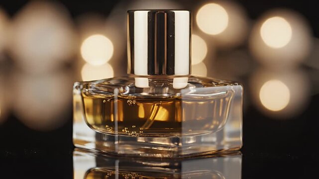 Elegant Perfume Bottle Close-Up - A close-up shot features a clear, square perfume bottle filled with a golden liquid, reflecting on a glossy black surface.