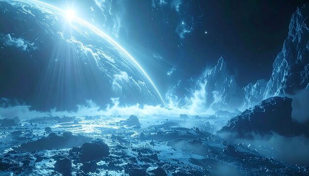 A celestial scene presents a bright light casting illumination on planet-like object and terrain with towering peaks and misty clouds