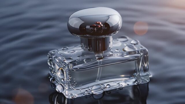 Elegant Perfume Bottle Still Life - A clear, cube-shaped perfume bottle with a reflective chrome top sits on a dark, rippled surface, adorned with water droplets.