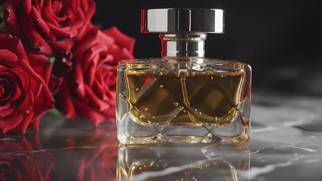Perfume bottle and roses on marble - A rectangular glass perfume bottle with gold liquid inside rests on a glossy marble surface, reflecting its video.