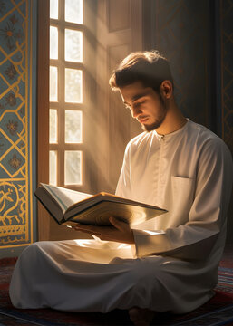 Hombre joven sentado leyendo un libro sagrado en una mezquita con luz solar, concepto de espiritualidad, fe y religi&oacute;n isl&aacute;mica