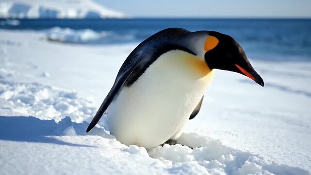 Emperor Penguin in Snowy Antarctica - This video features an Emperor Penguin standing on a snow-covered Antarctic landscape with a bright blue sky.