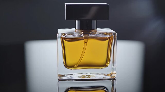 Perfume Bottle Close-Up - This close-up shot features a square glass perfume bottle filled with a golden liquid, its dark cap contrasting with the amber hue.