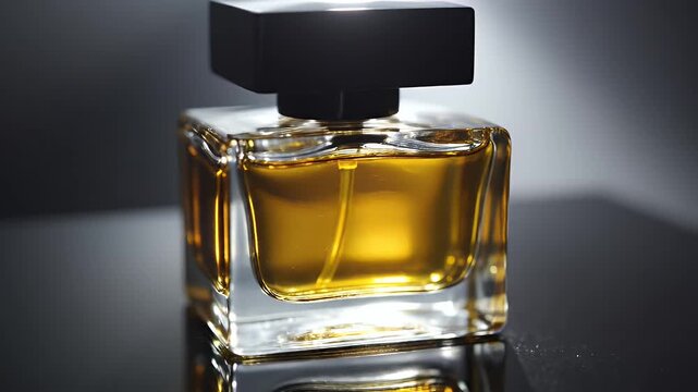 Elegant Perfume Bottle on Dark Background - A stylish, square glass perfume bottle with a gold liquid inside is displayed against a dark, reflective surface.