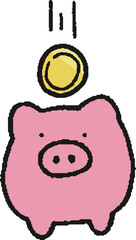 ブタの貯金箱にお金を入れている手描きイラスト