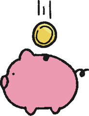 ブタの貯金箱にお金を入れている手描きイラスト
