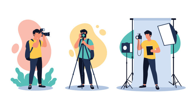 Set of professional photographers in different outfits using cameras and studio lighting to take high quality photos in various settings.
