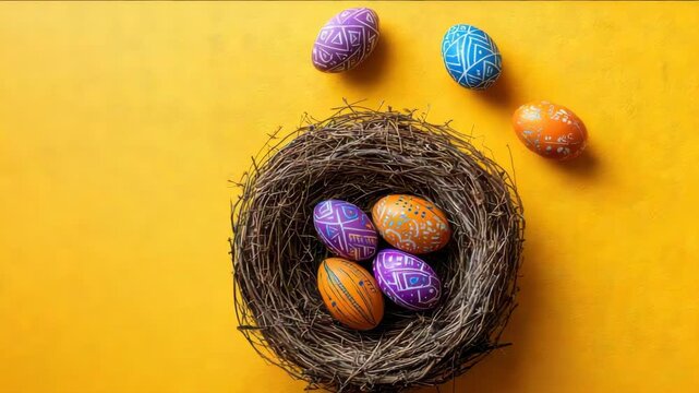 Decorated Easter eggs nestled in a twig bird's nest on a vibrant yellow background