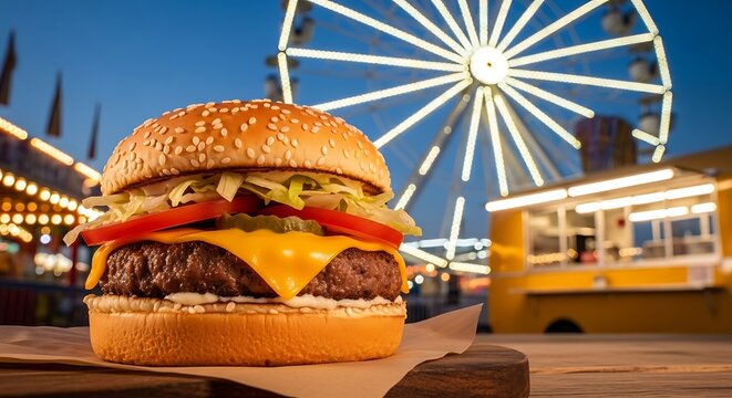 Delicious cheeseburger with fresh ingredients front a bustling carnival at night. Fast food served at an amusement park.