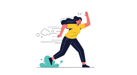 Energetic young woman in a yellow shirt runs quickly as if she is late for an important appointment or meeting.