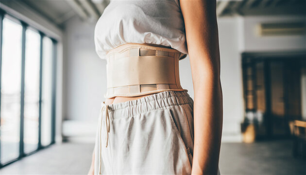 woman standin, wearing a beige lumbar support brace around her waist managing back pain and focusing on wellness posture correction and rehabilitation after injury or surgery