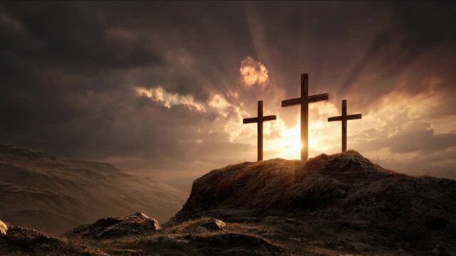 Three crosses silhouetted against a dramatic sunset sky with sunbeams breaking through clouds