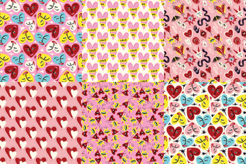 Valentine's Collection of Bright and Cool Seamless Patterns. Pattern with Cool Quirky Playful Bright Hearts and characters