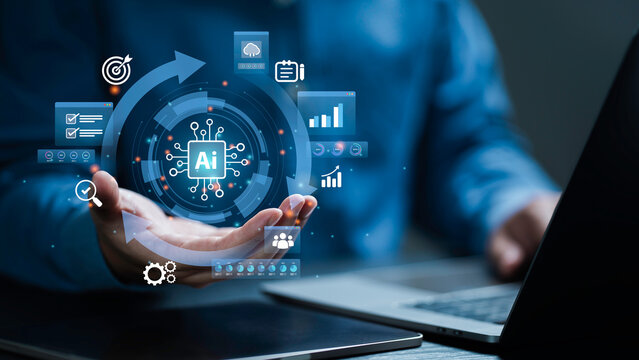 Businessman use AI artificial intelligence technology for business automation and data driven workflow optimization of AI system, machine learning, smart analytics, Robotic process RPA technology