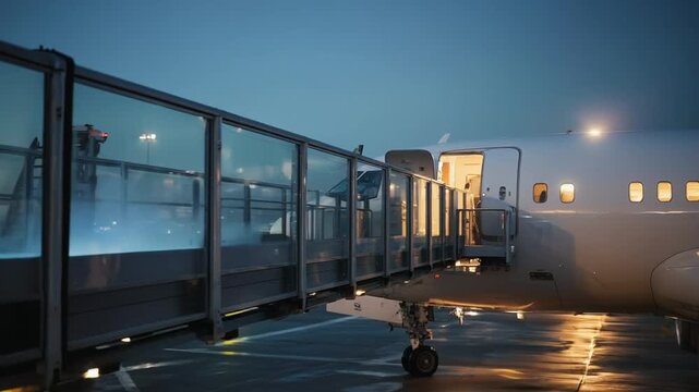 At dusk, a passenger jet sits at the gate with a glass jet bridge attached, cabin lights glowing warm through the open door, while rain-slick tarmac reflects blue sky and apron lamps along the wing.