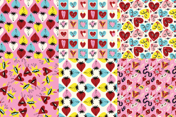 Valentine's Collection of Bright and Cool Seamless Patterns. Pattern with Cool Quirky Playful Bright Hearts and characters