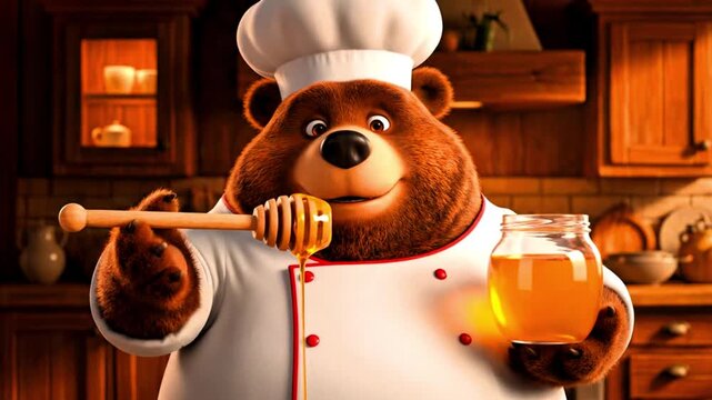 Video, 3D, illustration, animation of a bear chef holding honey, kitchen setting, children's education, cooking, sweet foods. 