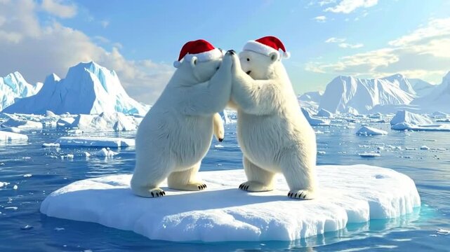 Two cartoon polar bears wearing Santa hats stand on an ice floe in the Arctic.