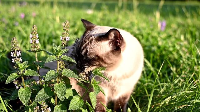 Siamese cat enjoying fresh catmint in a sunlit meadow: a pet's perfect day
