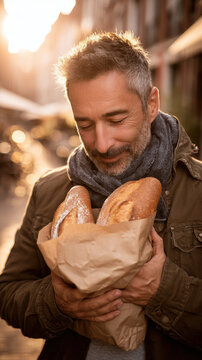 Middle Aged Urban Man Smelling Freshly Baked Bread from Paper Bag on City Street in Warm Morning Light