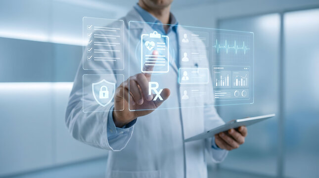 Doctor Touching Digital Prescription Interface on Medical Screen