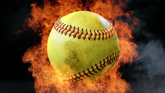 Yellow softball surrounded by blazing flames on dark background symbolizing energy, power and competition