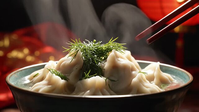 Steaming Dumplings in Broth - A close-up showcases a bowl of steaming dumplings, adorned with fresh dill, immersed in a clear broth.
