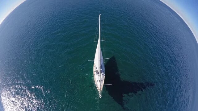 Stunning aerial perspective with a fisheye effect of a lone white sailboat navigating through the tranquil blue sea, casting a clear shadow on the water under a bright, sunny sky