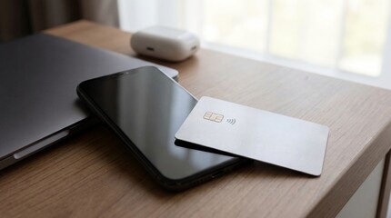 A modern scene showcasing a phone, credit card, laptop and other items on a wooden surface by the window