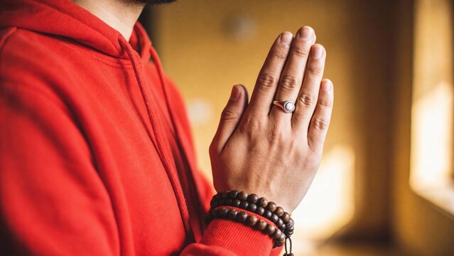 Person in red hoodie with hands together