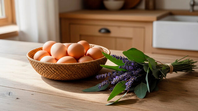 Farmhouse eggs in wicker bowl with lavender under morning sunbeams