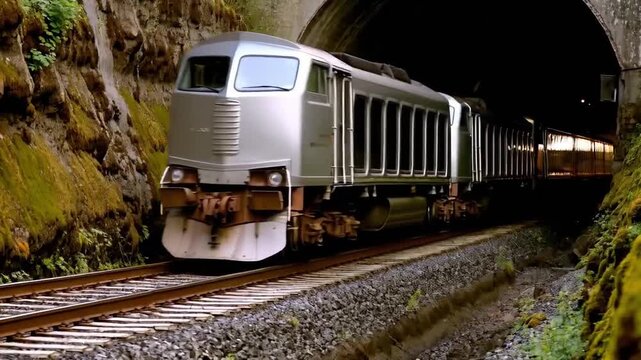 A sleek silver freight train emerges from a dark tunnel into a narrow mountain cut, its diesel locomotive leading boxcars along steel rails bordered by mossy rock walls and coarse gravel ballast.