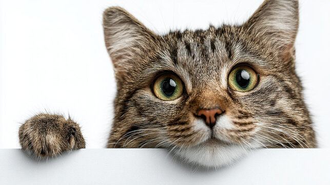 Happy Cute Cat Peeking Over Empty White Sign on Pure White Background