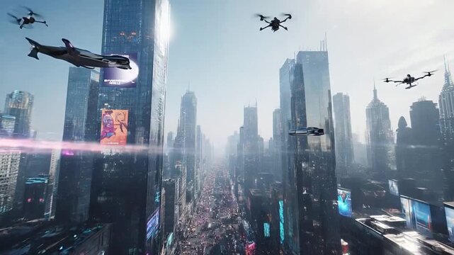 Sleek drones and tilt-rotor air taxis weave between towering glass skyscrapers above a crowded avenue, neon ads flickering on facades as bright contrails trace lanes across a hazy futuristic skyline.