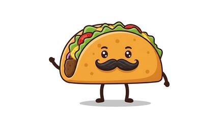 Fototapeta premium Cartoon Taco Character with Mustache Waving, Isolated on White Background.