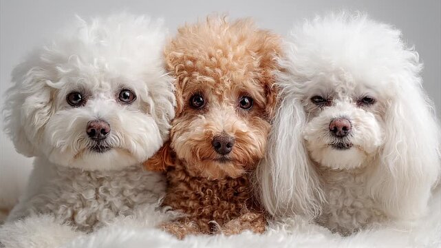 Adorable trio of toy poodle puppies, two white and one brown, sitting together and curiously looking at the camera against a clean, light gray background in a studio setting