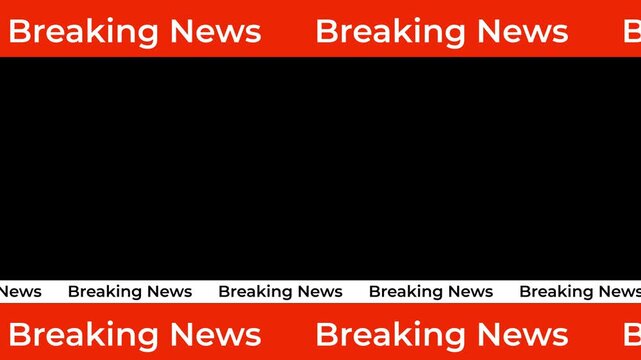 breaking news horizontal scrolling text loop animation isolated on black background, tv style news lowerthird frame for report, headline and live update