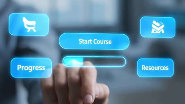 Close Up View of a Finger Pressing a Virtual Start Course Button on a Digital Interface for Online Learning and Professional Education Development.