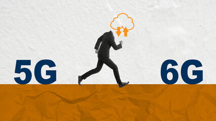 Illustration concept depicting a businessman running from 5G towards 6G, symbolizing the advancement and progress in mobile network technology. The cloud above the man represents data and connectivity