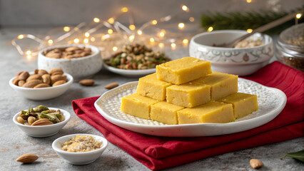 Traditional Mysore Pak Sweet in Festive Indian Setting &ndash; Rich Ghee Dessert