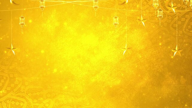 hanging stars, crescent moon and old lantern moving in 3d particles space. islamic background with arabic calligraphy for muslims tradition and culture, ramadan and eid, and islam religion celebration