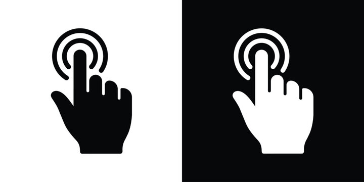 Hand cursor clicking icon in outline style. Black and white pointer finger symbol for website navigation, interactive buttons, and touch screen gestures. Modern UI design element.