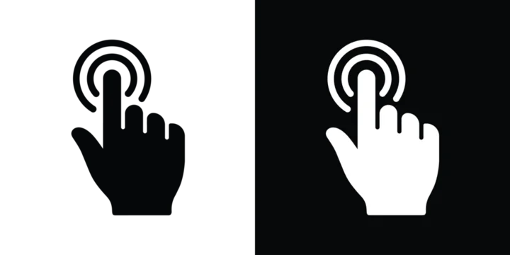 Hand cursor clicking icon in outline style. Black and white pointer finger symbol for website navigation, interactive buttons, and touch screen gestures. Modern UI design element.